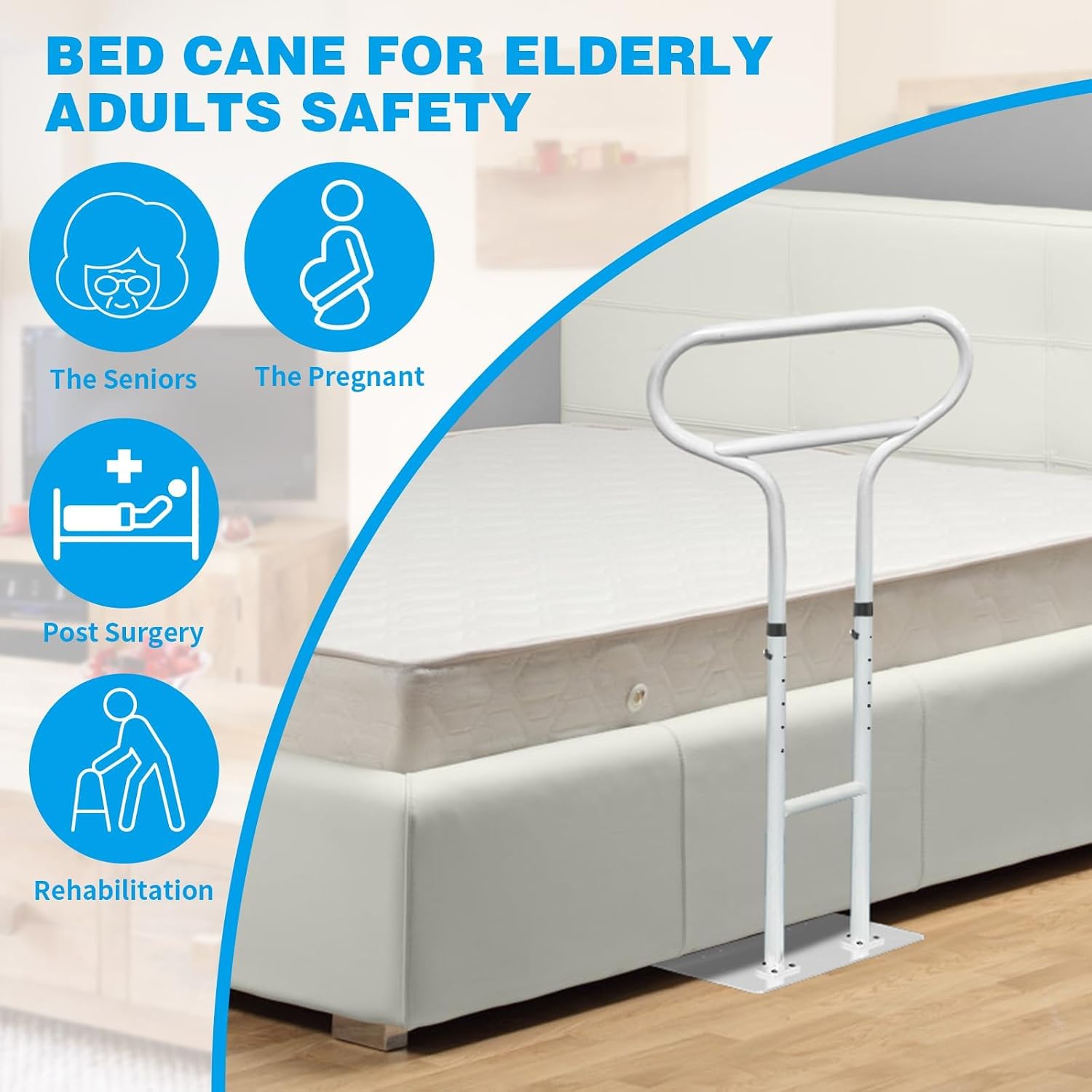 THOOUM Bed Rails for Elderly Adults Safety, Adjustable Bed Cane for Elderly, Heavy Duty Stand Assist Railing for Seniors, for Couch, Chair, Full, Twin Bed (260LBS Loading, 5 Heights, White)