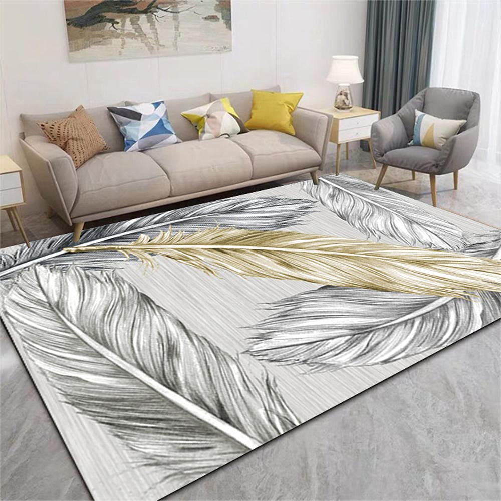 Tapis gamer sol pour chambre ado fille, deco cosy avec plumes grises 160x230 cm
