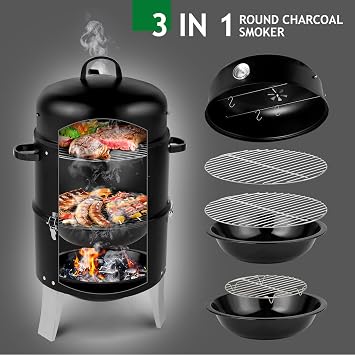 VINGLI 3-in-1 Vertical Charcoal Grill, 18.5'' Round Charcoal Smoker with Built-in Thermometer, Air Vent and 2 Access Doors, Perfect for Outdoor Cooking, Camping, Picnics, BBQs, and Tailgating Parties