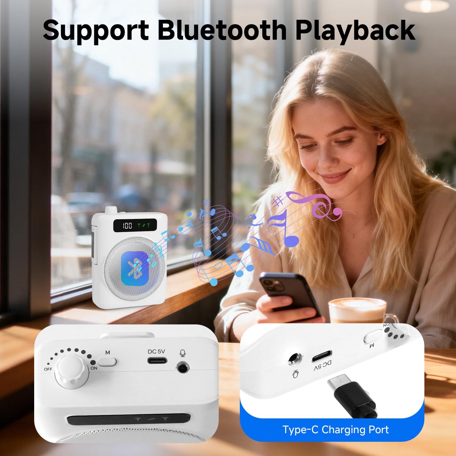 KozyOne Amplificador de voz, micrófono inalámbrico, amplificador de voz portátil Bluetooth con dos micrófonos de solapa magnéticos, para profesores, aulas, discursos, yoga, al aire libre