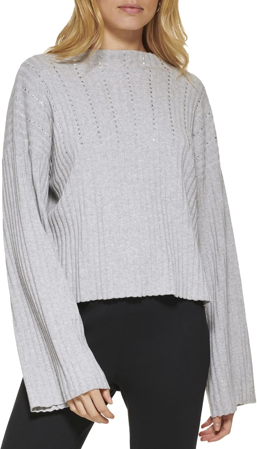 DKNY Womens Ribbed Bell Studded Sweater