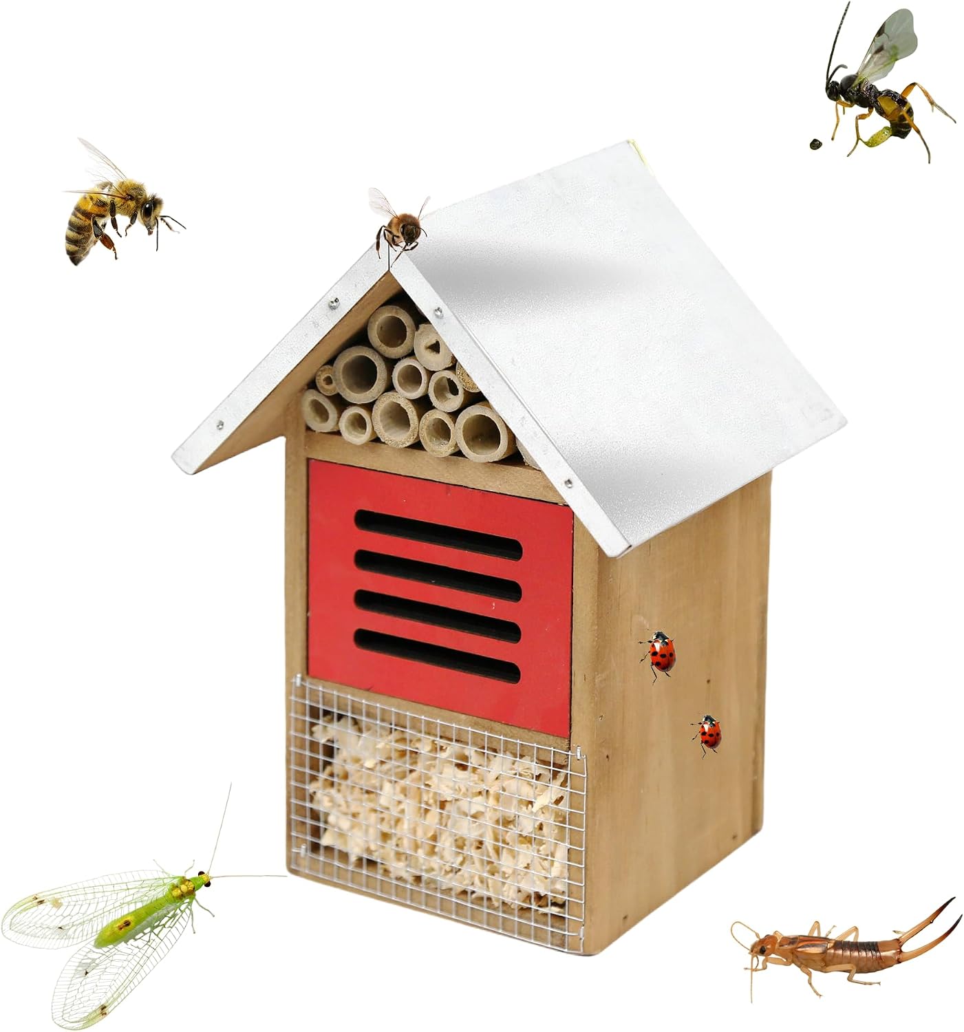 Wooden Mason Insect Bee Butterfly House with Metal roof,an Outdoor Hanging Habitat for Bee Butterfly Ladybugs
