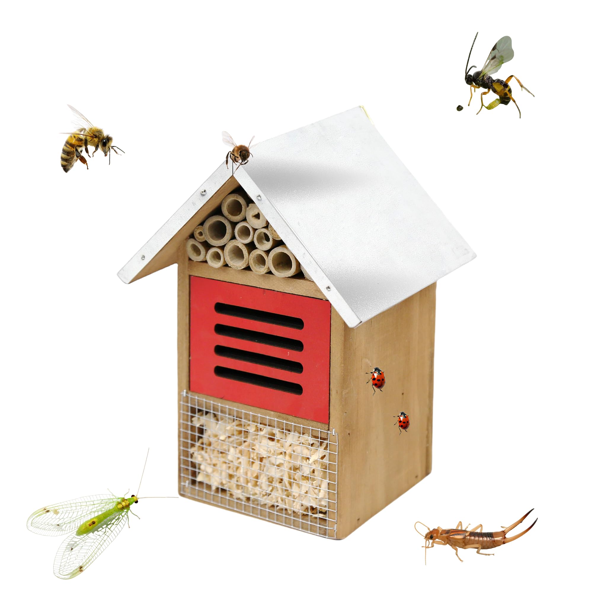 Wooden Mason Insect Bee Butterfly House with Metal roof,an Outdoor Hanging Habitat for Bee Butterfly Ladybugs