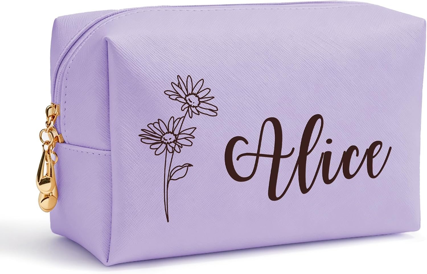 EDSG Personalized Makeup Bag, Leather Cosmetic Bag with Name & Birth Flower, Travel Toiletry Bag Gifts for Women, Best Friends, Birthday, Wedding, Bridal Shower, Bridesmaid Gifts (Purple, Design 1)