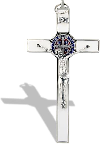 Crucifijo de pared de San Benito con esmalte de color (plata-blanco)