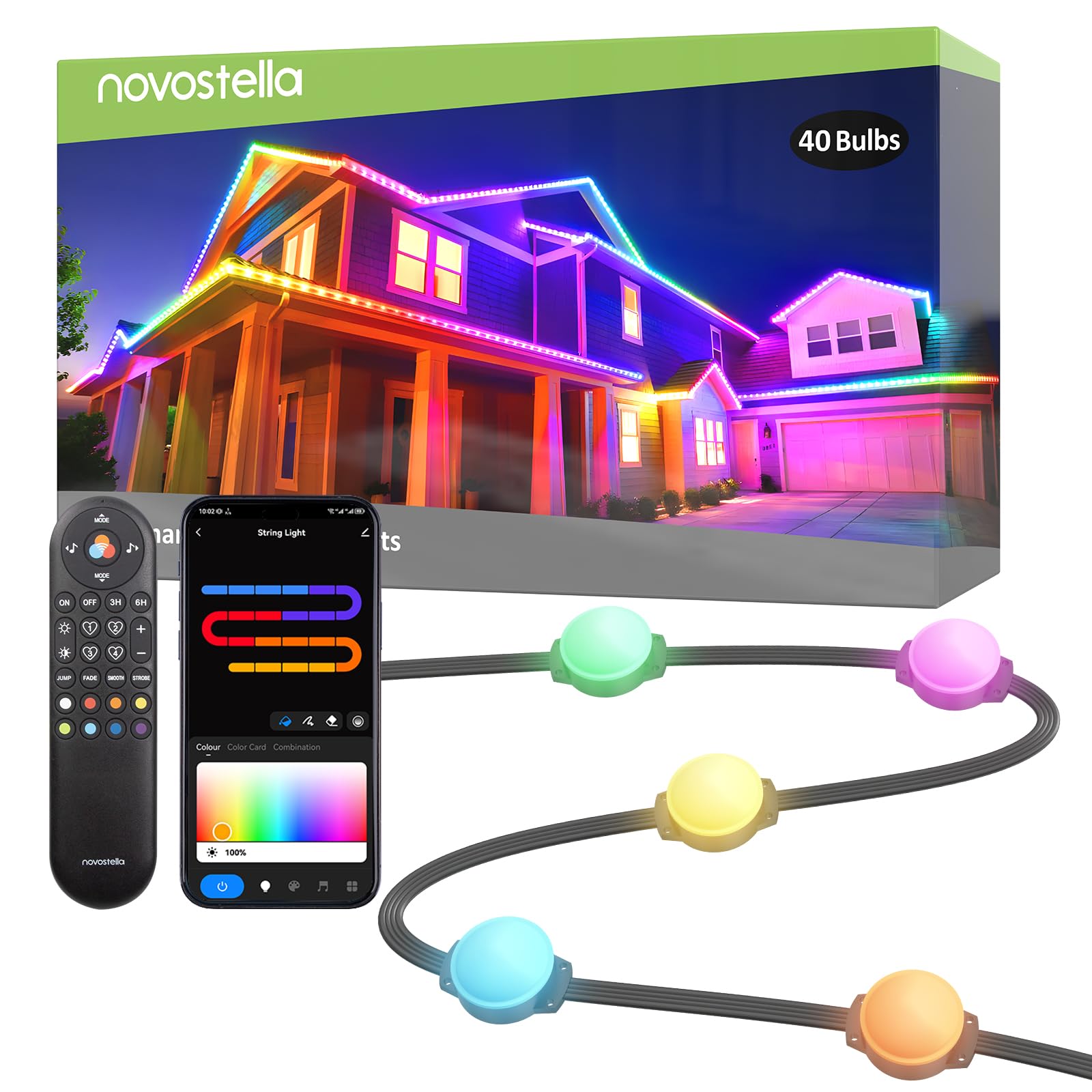 NOVOSTELLA Permanent Outdoor Lights, Smart RainbowColor RGB IC Light, 50ft with 40 LED Eaves Lights IP65 Waterproof for Holidays, Christmas, Daily Lighting, WiFi APP Voice Control