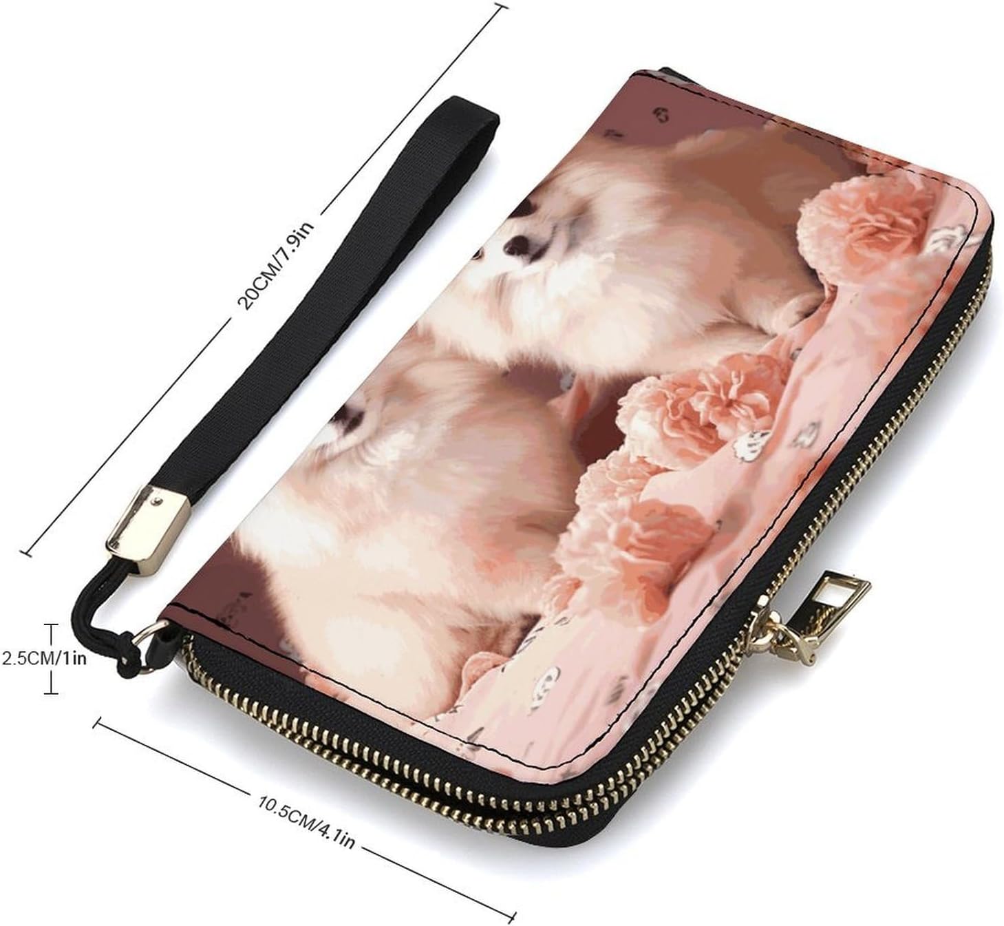 Pomeranians Puppies And Point Long Wallet Clutch Wallets Wristlet Wallet | PU Leather Large Capacity Travel Wallet Portable Zipper Wallets with Hand Strap Multiple Card Slots for Travel Office Daily