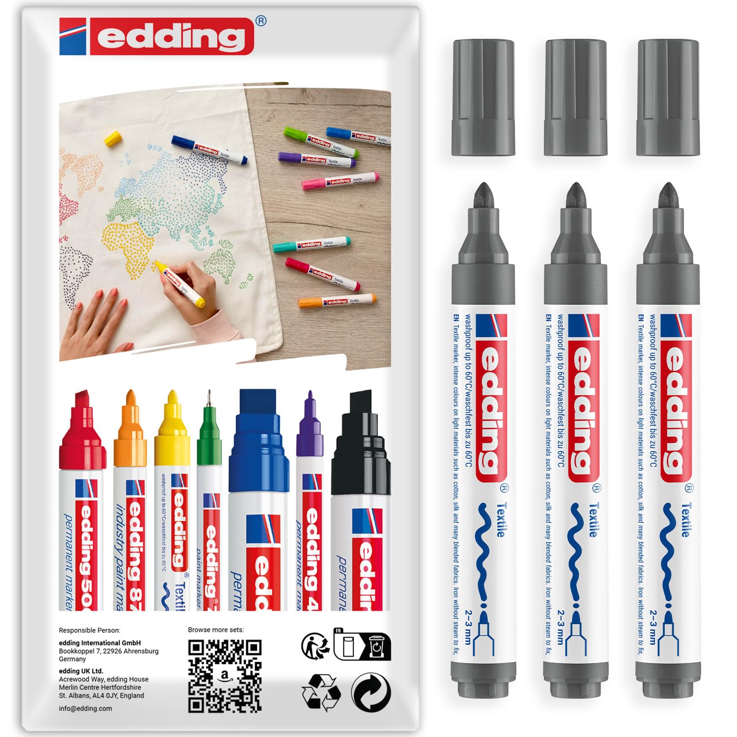 edding 4500 Textile Markers 2-3mm Pack of 3 (Grey)
