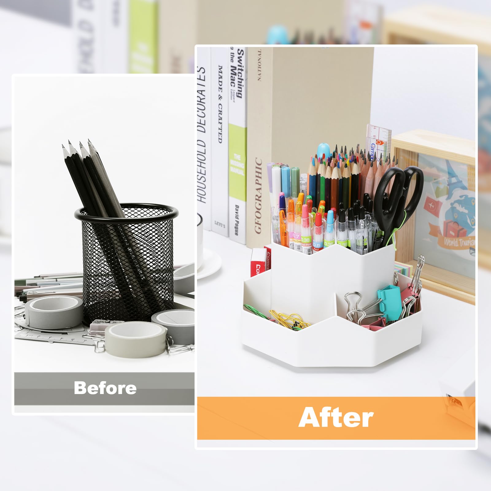 FRETONBA 360° Rotating Pen Holder, 9 Slots Pencil Pen Pot for Desk Cute Stationery Supplies Organiser - Image 2