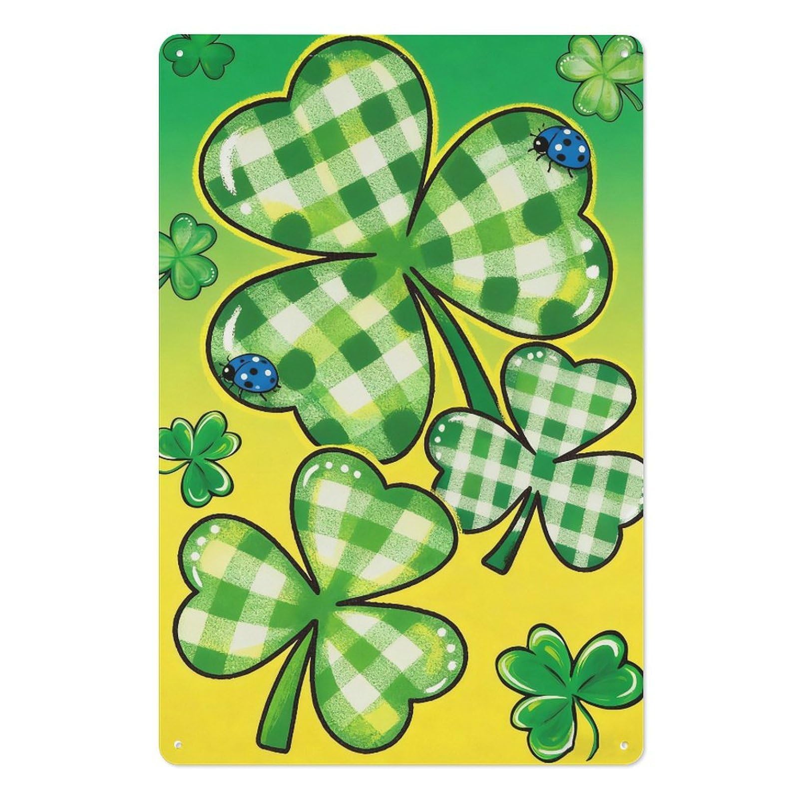 peiyeety Vintage Tin Sign 8x12 Inch – St Patrick's Day Polka Dot Plaid Shamrock Wall Art with Ladybug Accents, Retro Lucky Clover Metal Decor for Pub, Home, Kitchen, or Bar Wall Décor Plaque
