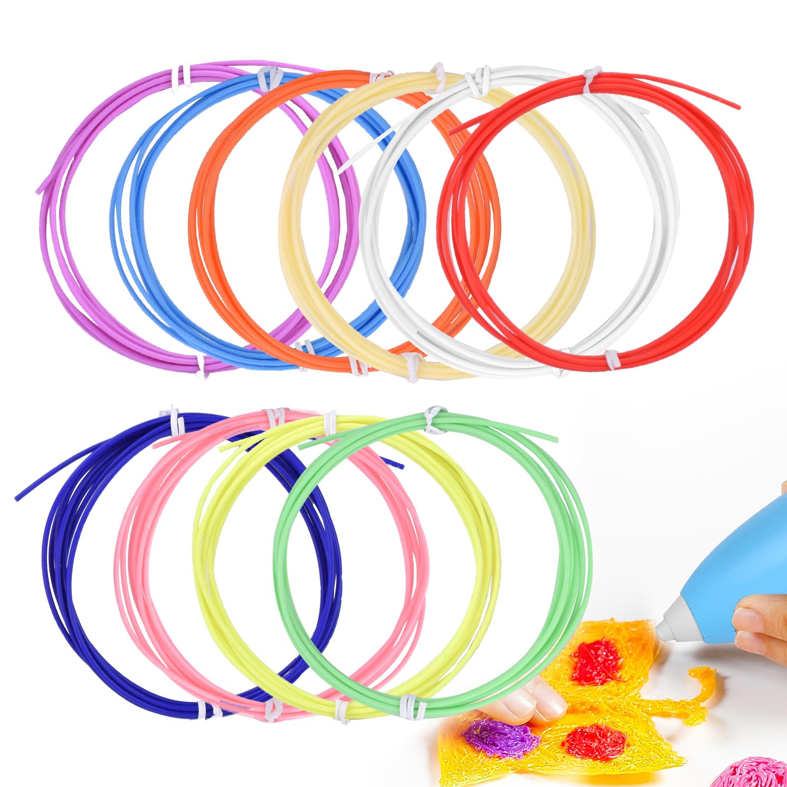 ATOMUS Paquete de 10 colores de filamento para bolígrafo 3D, 1,75 mm, filamento PCL de repuesto, 2 m/6 pies cada uno, filamento de seguridad para bolígrafo de impresión 3D a baja temperatura