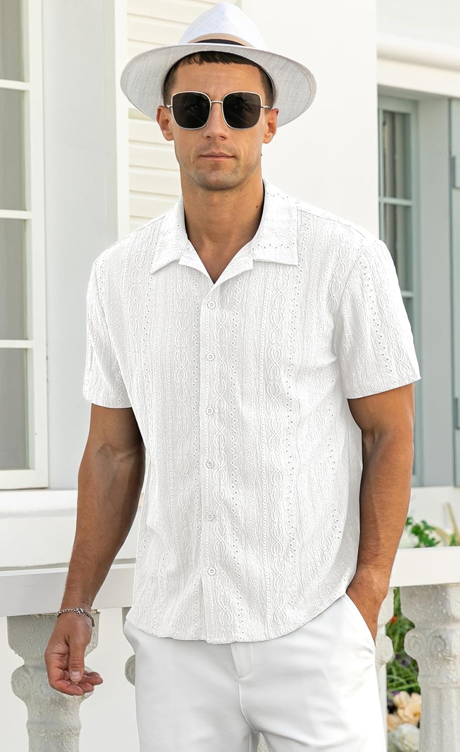 NITAGUT Men's Short Sleeve Shirts Casual Button Down Shirts Vacation Beach Summer Hollow Out Tops - Image 3