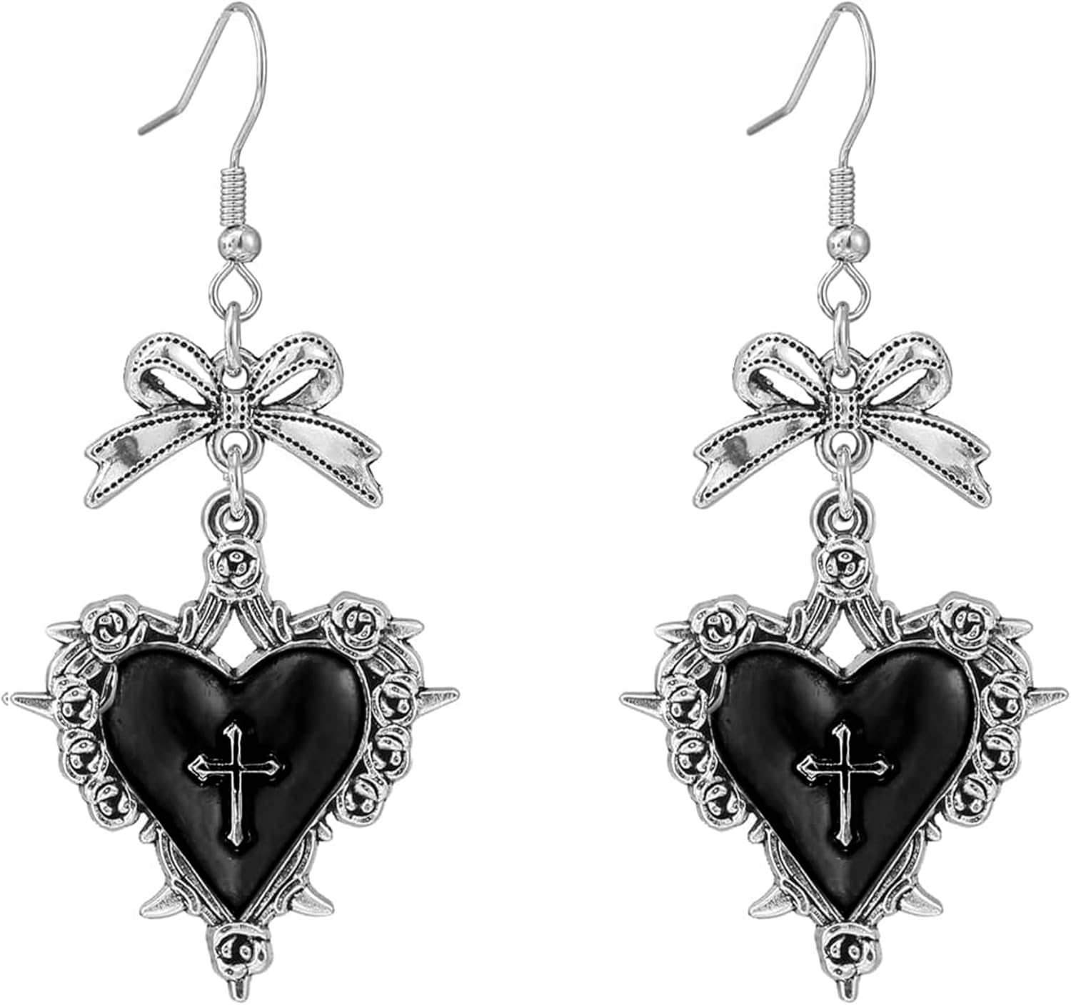 Silver Gothic Heart Bow Bat Cross Earrings for Women, Trendy Punk Vintage Y2k Black Red Thorny Rose Aesthetic Vampire Halloween Costume Accessories Fashion Jewelry Gift