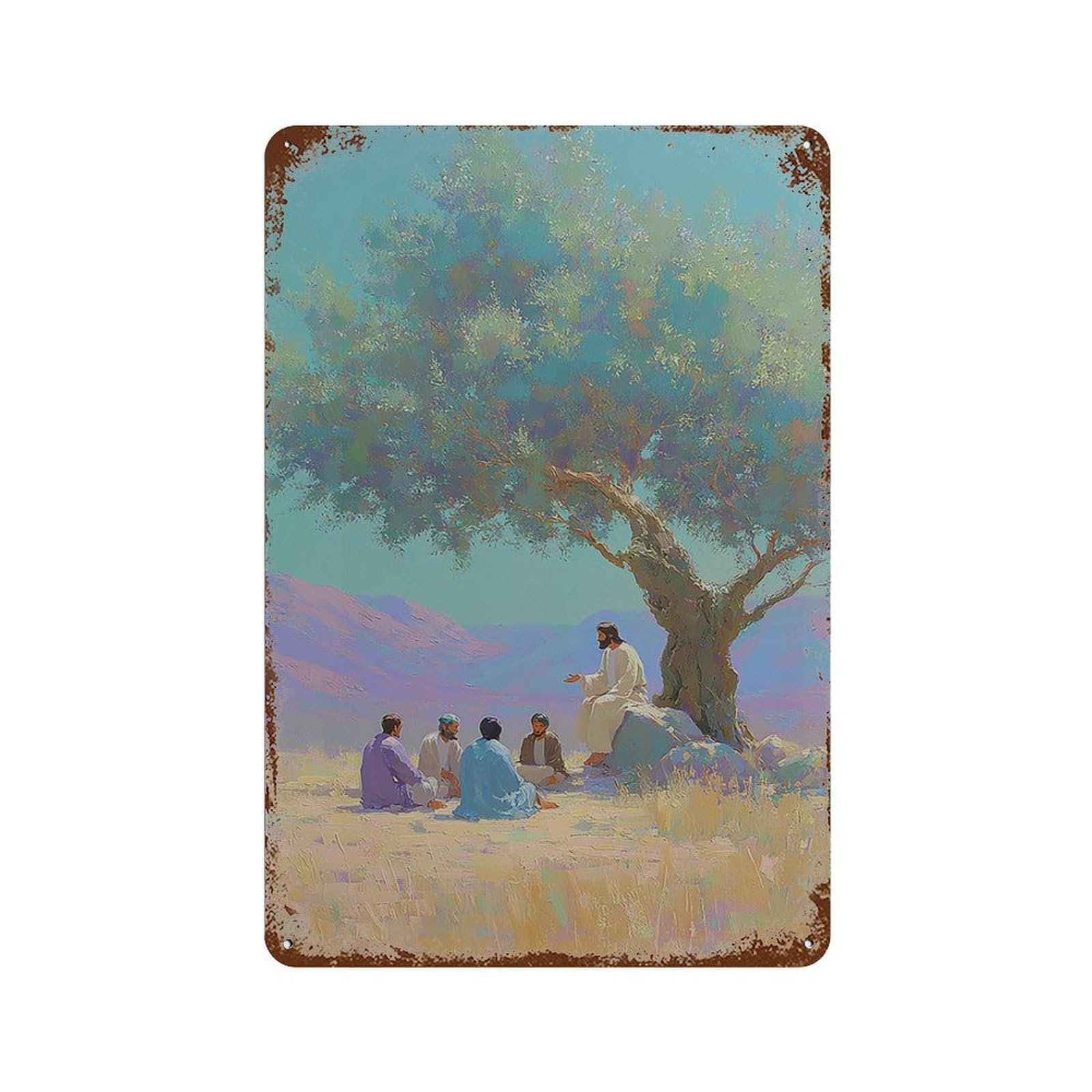 xiaoxiaoshen Biblical Landscape Serene Jesus Teaching Spiritual Oil Painting Peaceful Christi Wall Decor Art Metal Tin Poster Modern Home Decor Art Home Bar Shop Decorations Vintage Sign 30x20cm