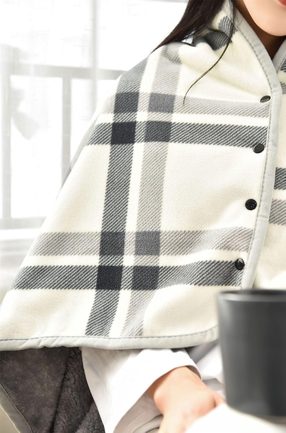 Fleece Wearable Blanket 55 x 39 Shoulder Wrap Blanket for Sofa, Couch (Grey-White) - Image 7