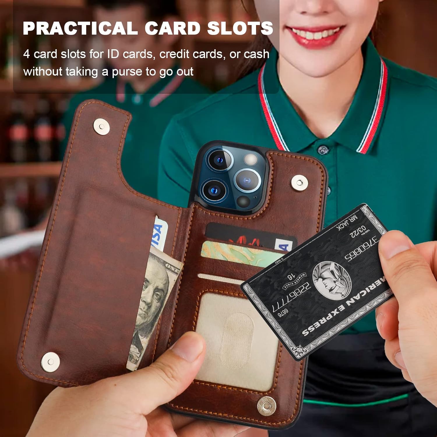 ONETOP for iPhone 13 Pro Max Wallet Case with Card Holder, 360° Rotation Ring Kickstand RFID Blocking PU Leather Double Magnetic Clasp Shockproof Cover for Women and Girls 6.7 Inch (Brown) - Image 3