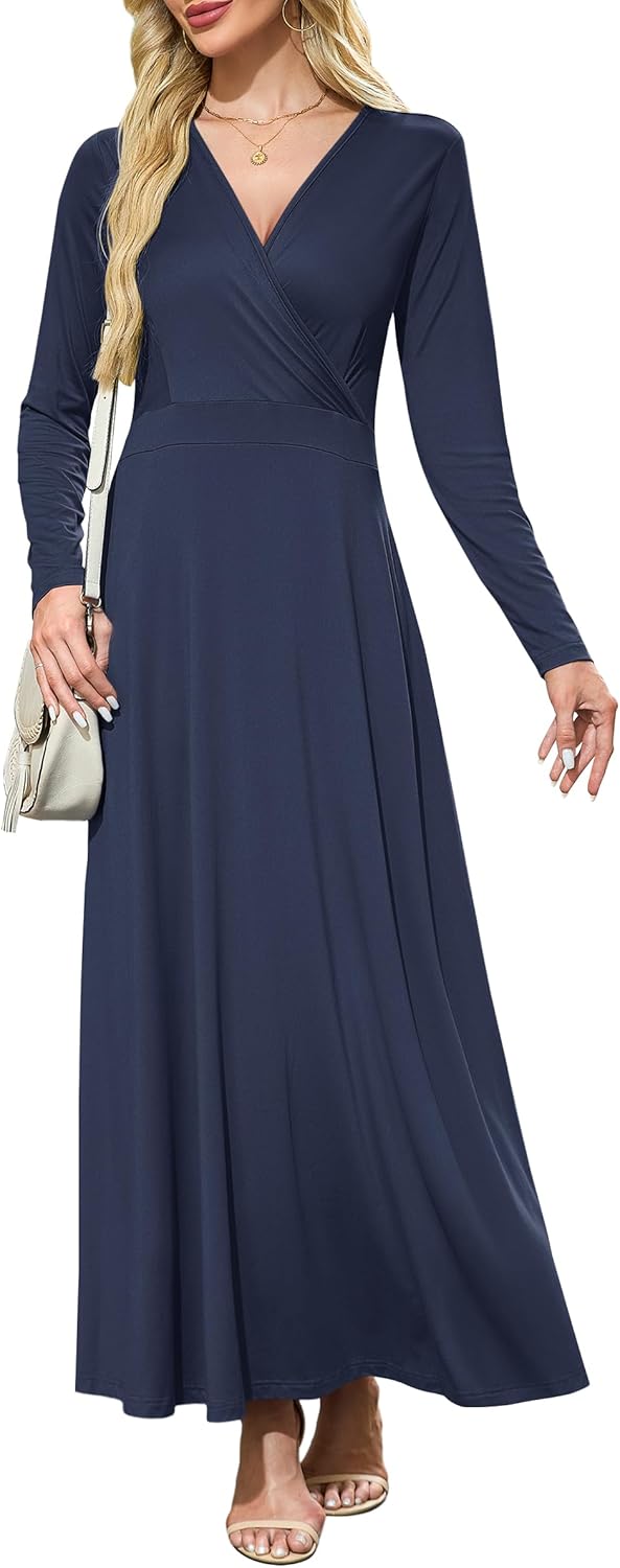 AUSELILY Womens Long Sleeve Maxi Dress 2025 Fall Dress V Neck Wrap Waist Formal Long Dresses with Pockets - Image 4