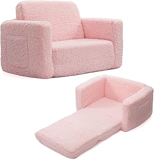 BEJOY Kids Sofa Bed 2-in-1 Flip Out Cuddly Sherpa Toddler Couch Convertible Sofa to Lounger Children Sofa Bed Children\'s Day and Birthday Gift for Girls Boys, Pink