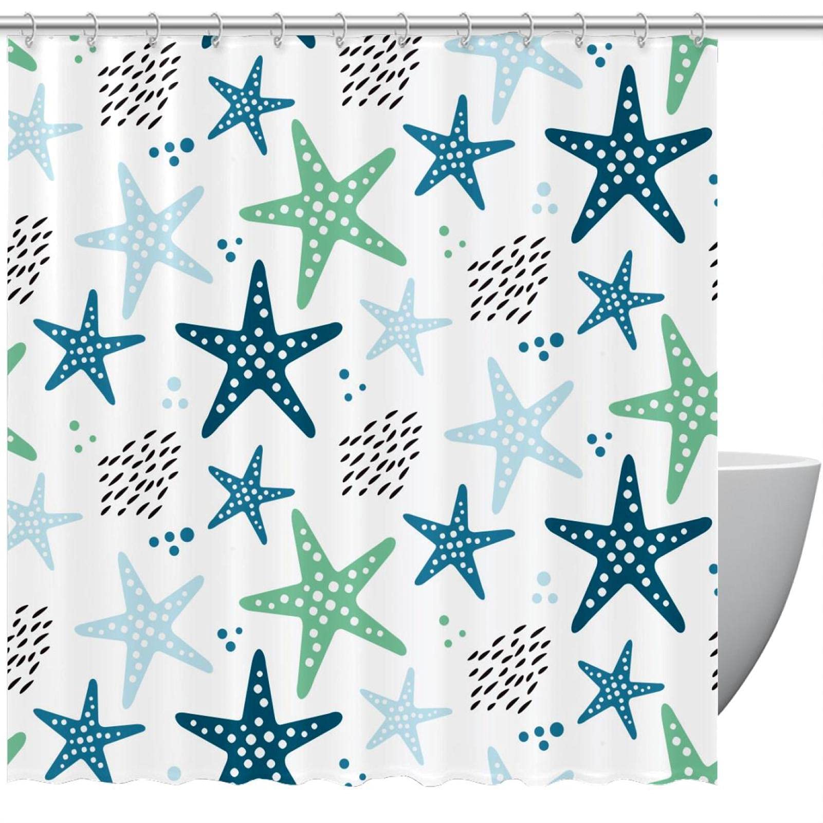 Rideau de douche imperméable et lavable motif étoiles de mer marine