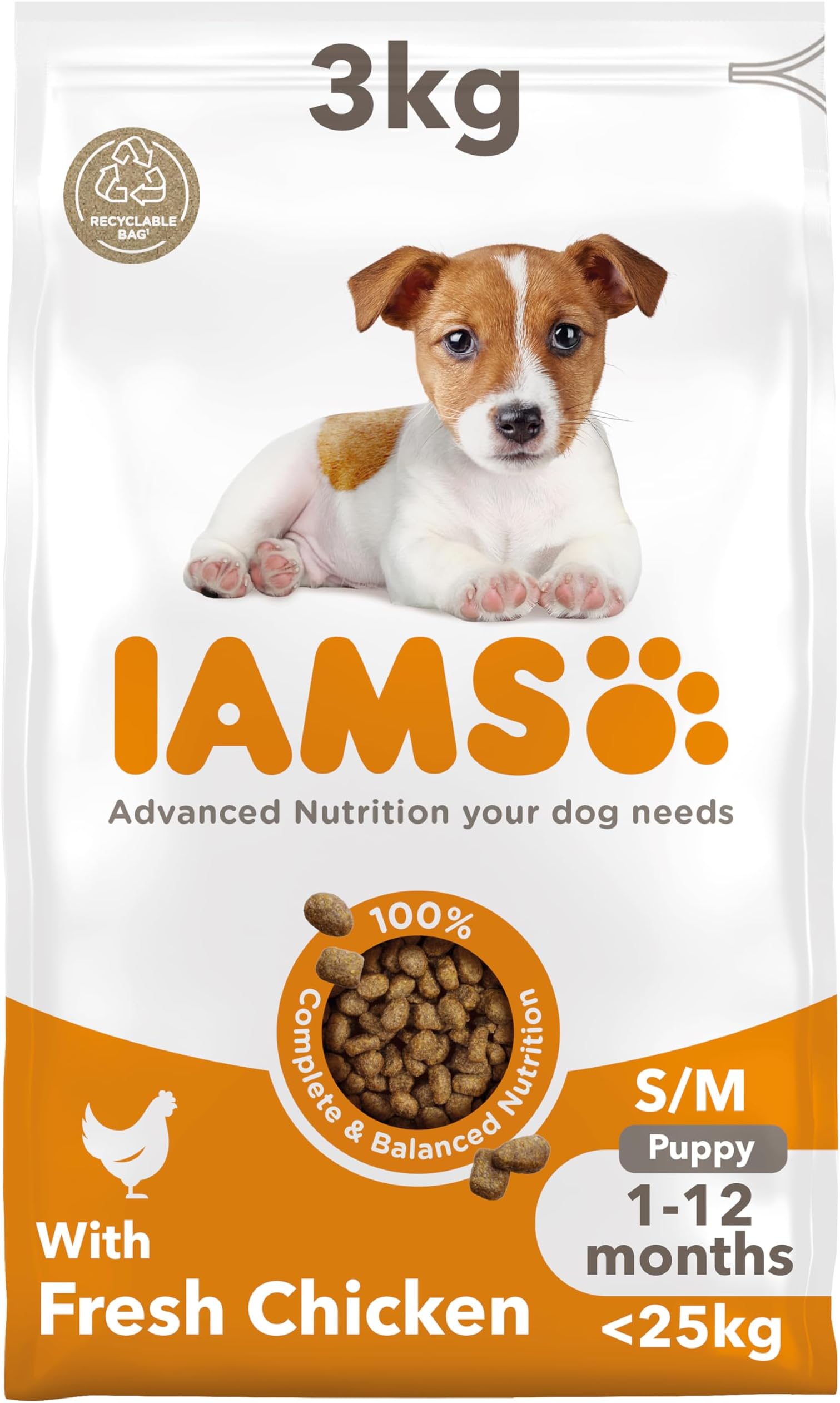 Junior Dry Dog Food with Chicken - Puppy Food for Puppies Aged 1-12 Months, Suitable for Small & Medium Breeds, 3 kg