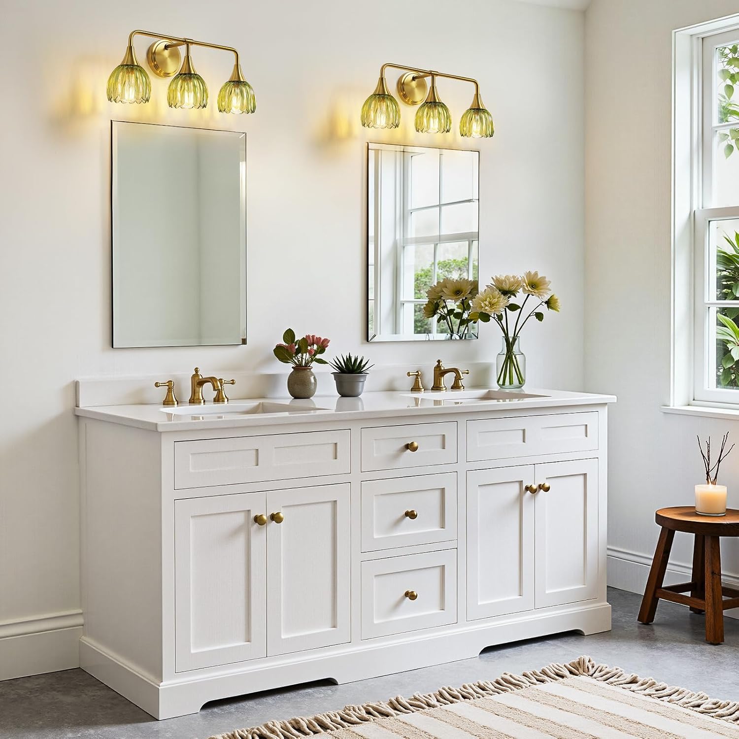 Bathroom Vanity Light Fixtures: 3-Lights Vintage Bathroom Lights Over Mirror with Ribbed Green Tulip Glass Shade - 22.4 inch Brushed Gold Wall Sconce Bath Lighting