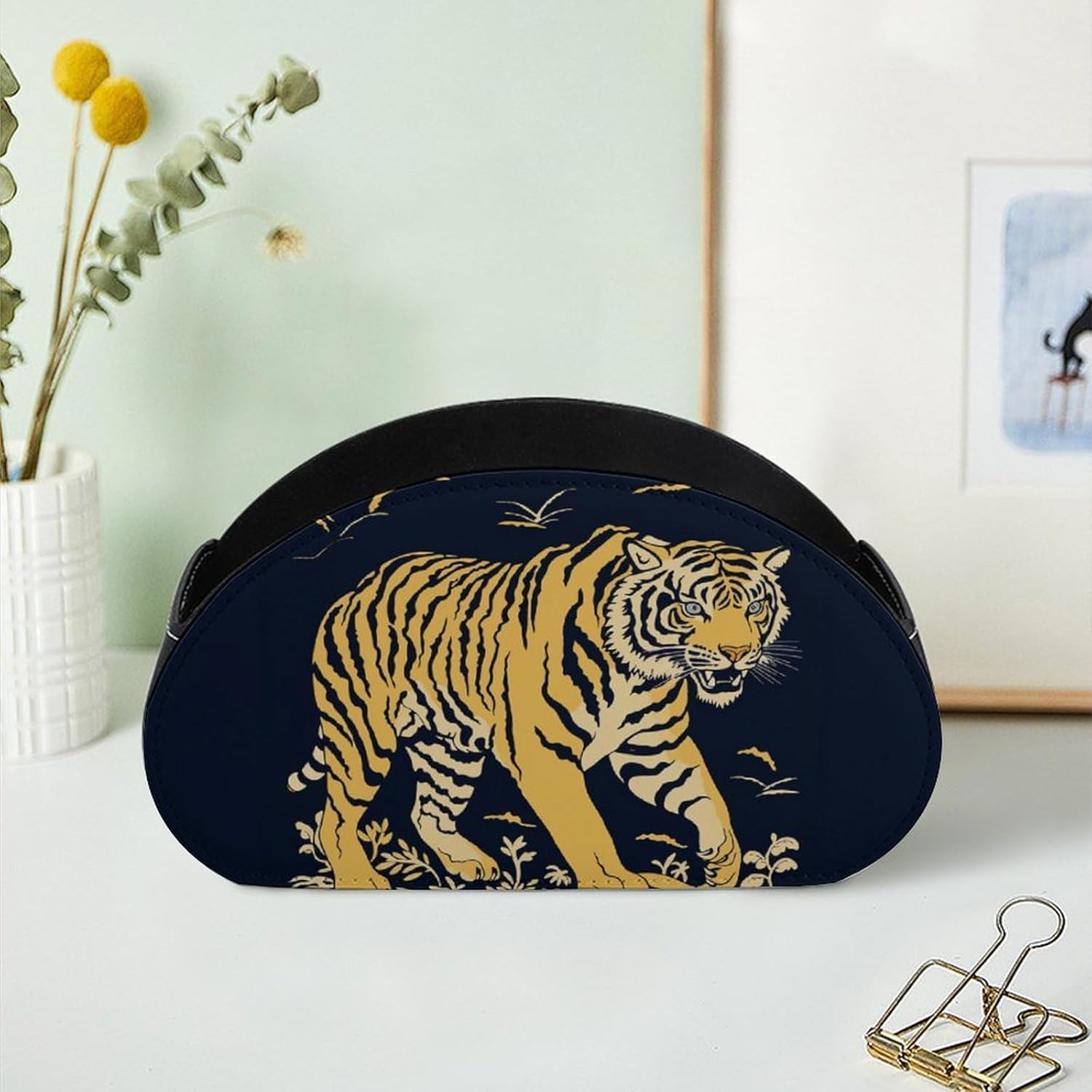Remote Control Holder PU Leather Remote Caddy with 5 Compartment TV Remote Holder Animation Style Tiger Remote Box Remote Control Organizer Pen Holder for Desktop Organizers