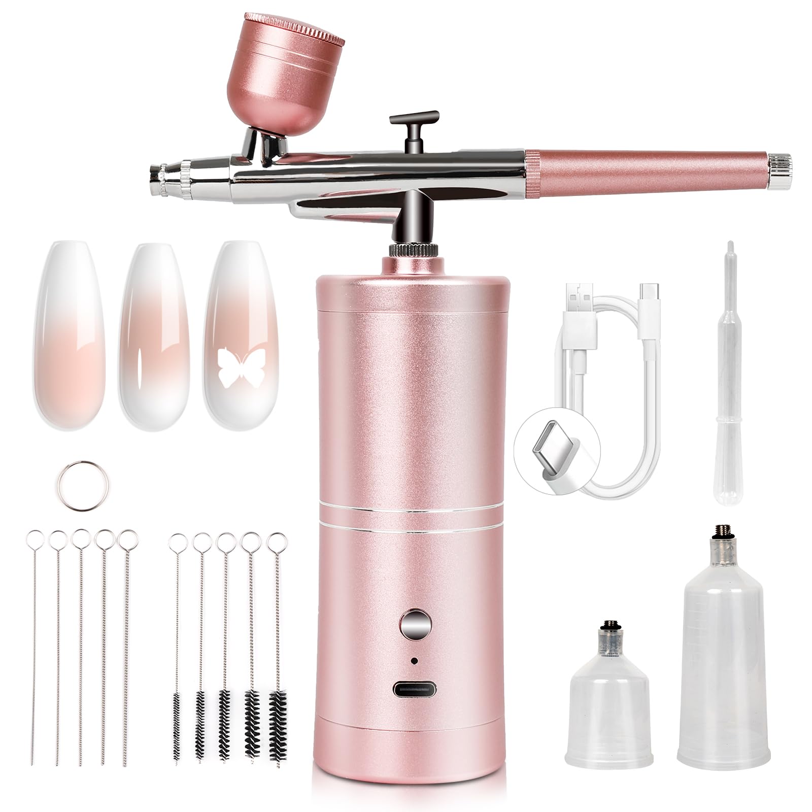SAVILAND Kit Aerografo Ultra Stabile: 25 PSI Aerografo di Precisione per Unghie Pistola, Ricaricabile a Doppia Modalità Rosa, con Ugello da 0,3 mm per Trucco Aerografo per Gel Unghie Ombre French
