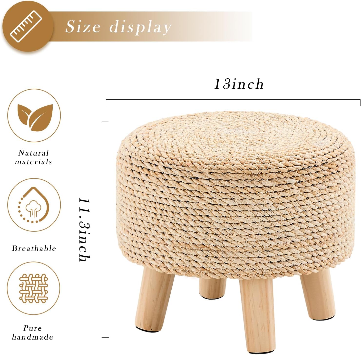 Cpintltr Round Seagrass Ottoman Footstool Handwoven Water Hyacinth Pouf with Solid Wood Legs Shoe Changing Foot Stool Sturdy & Stylish Footrest for Living Room Balcony or Garden Natural