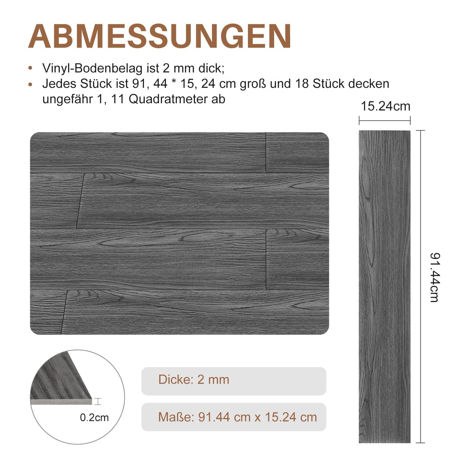 Pavimenti in PVC, autoadesivi, in vinile, 91,44 cm x 15,24 cm, spessore 2 mm, laminato in vinile, antiscivolo, per camera da letto, soggiorno, 36 piastrelle/5 ㎡, grigio scuro