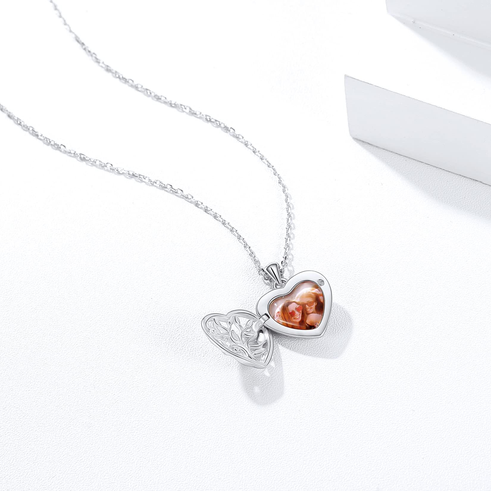 Silvora Individueller Foto Anhänger Halskette Bild Anhänger zum Öffnen mit Medallion aus S925 Silber in Herzform/Herzförmiger Lebensbaum/Keltischer Knoten in Weißgold/Gold/Rosegold mit 41/46/56cm+5cm Kette