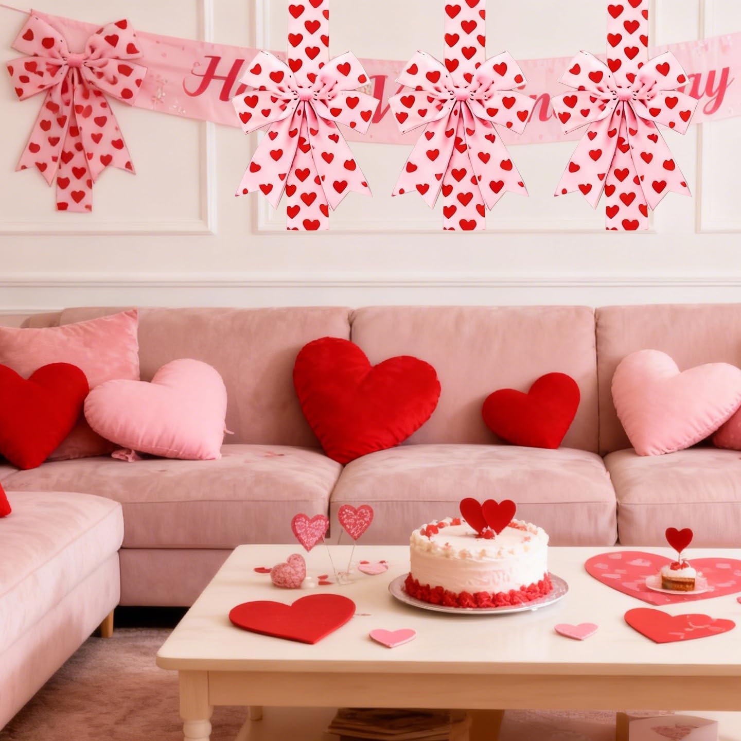6 Pcs Red Hearts Valentines Cabinet Bows, Valentines Cabinet Ribbon Bows for Window & Kitchen Decorations, Valentine's Day Party Supplies (Hearts, 79 Inches)