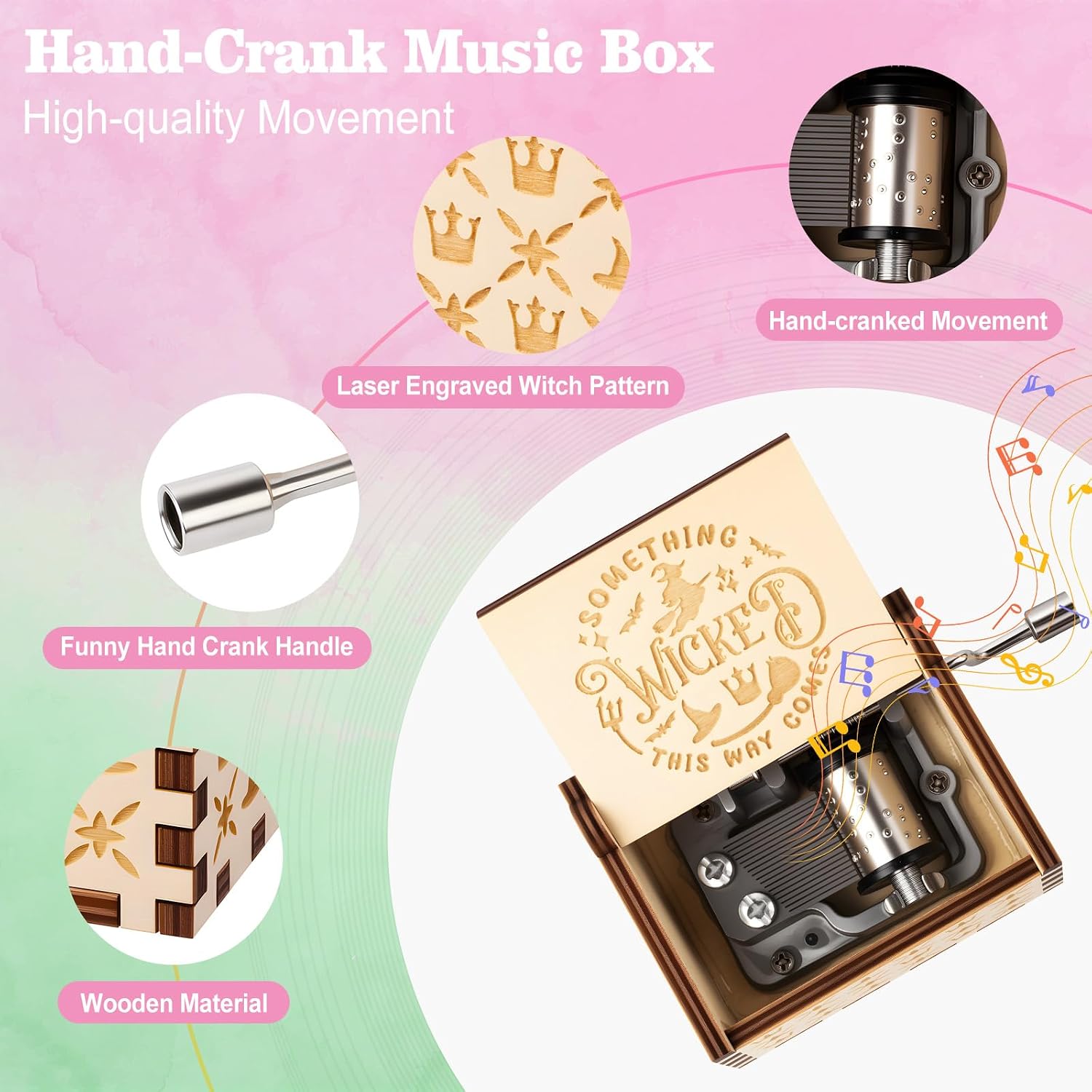 Witch Music Box Hand Crank, Vintage Gothic Wooden Musical Box for Women & Girls Kids, Mini Cute Magic Movice Witch Decor Gift for Party, Birthday, Halloween (6.3×5.1×3.8CM)