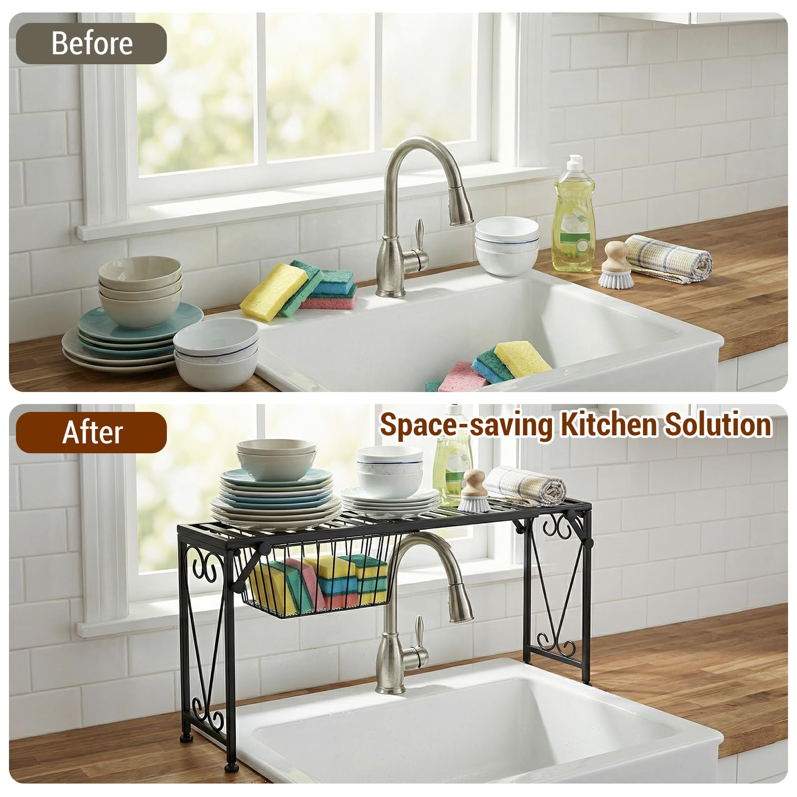 MyGift Estante para colgar sobre el fregadero con cajón extraíble, estante extensible de metal negro para cocina, estante de almacenamiento de baño con diseño de volutas