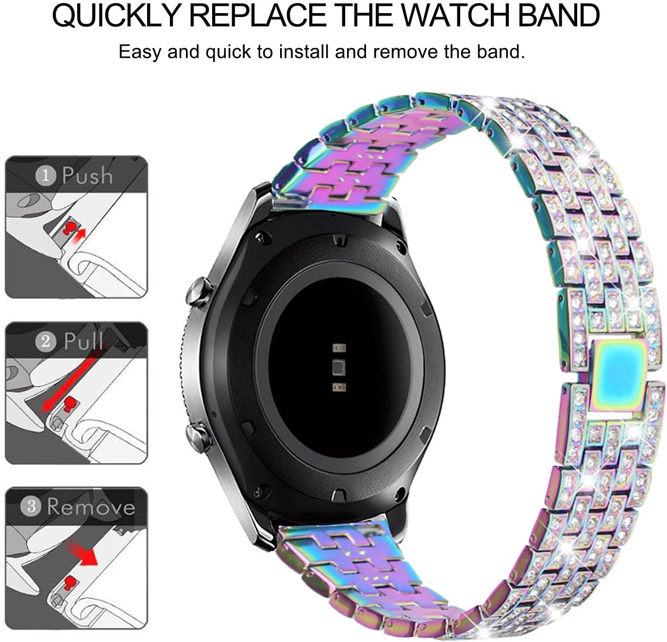 Bands Compatible with Samsung Galaxy Watch 3 (45mm), 22mm Full Rhinestone Diamond Stainless Metal Strap with Bezel Ring Cover Replacement for Women Men (Rainbow) - Image 3