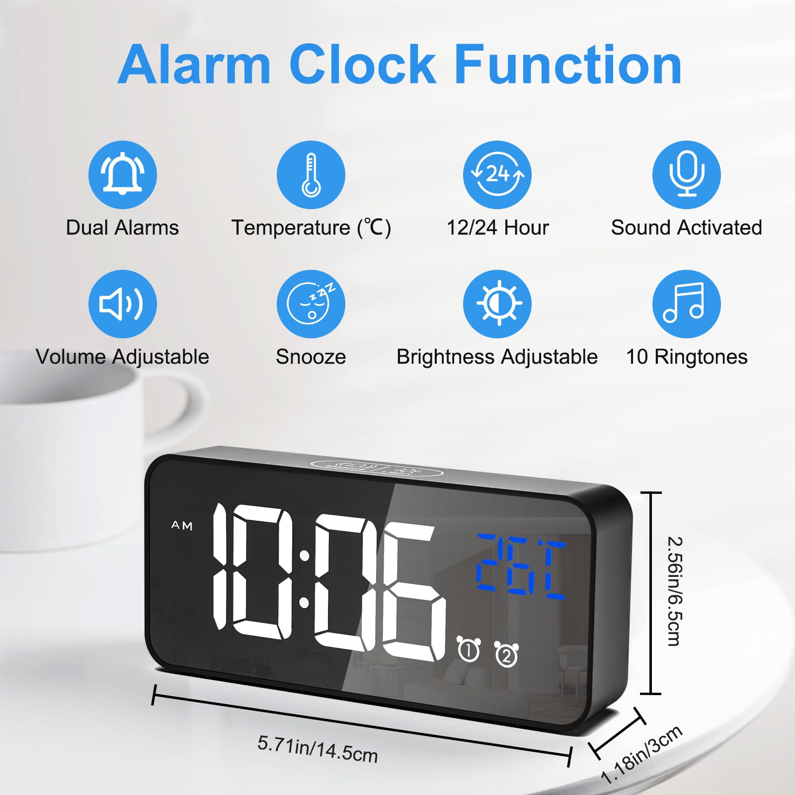 CHEREEKI Sveglia digitale, sveglia digitale con sveglia, doppio allarme digitale con temperatura, 4 luminosità regolabile, funzione snooze, porta di ricarica USB, 12/24 ore, 13 musica (nero)