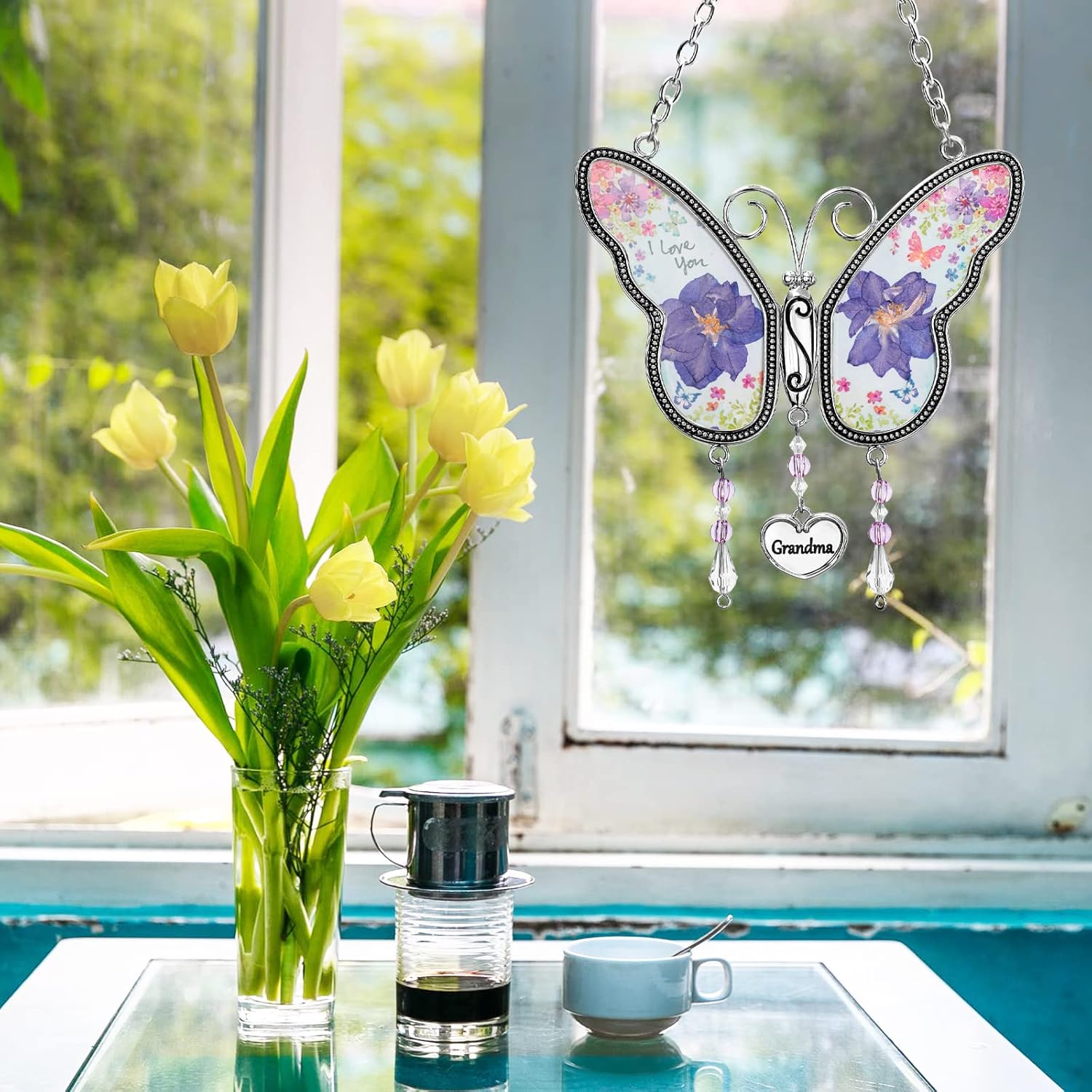 Butterfly Suncatcher with Pressed Flower Wings, Butterfly-Shaped Glass Wind Chimes with Real Flowers, Grandma Heart Charm Wind Chime Gifts for Grandma Mother's Day - Image 7