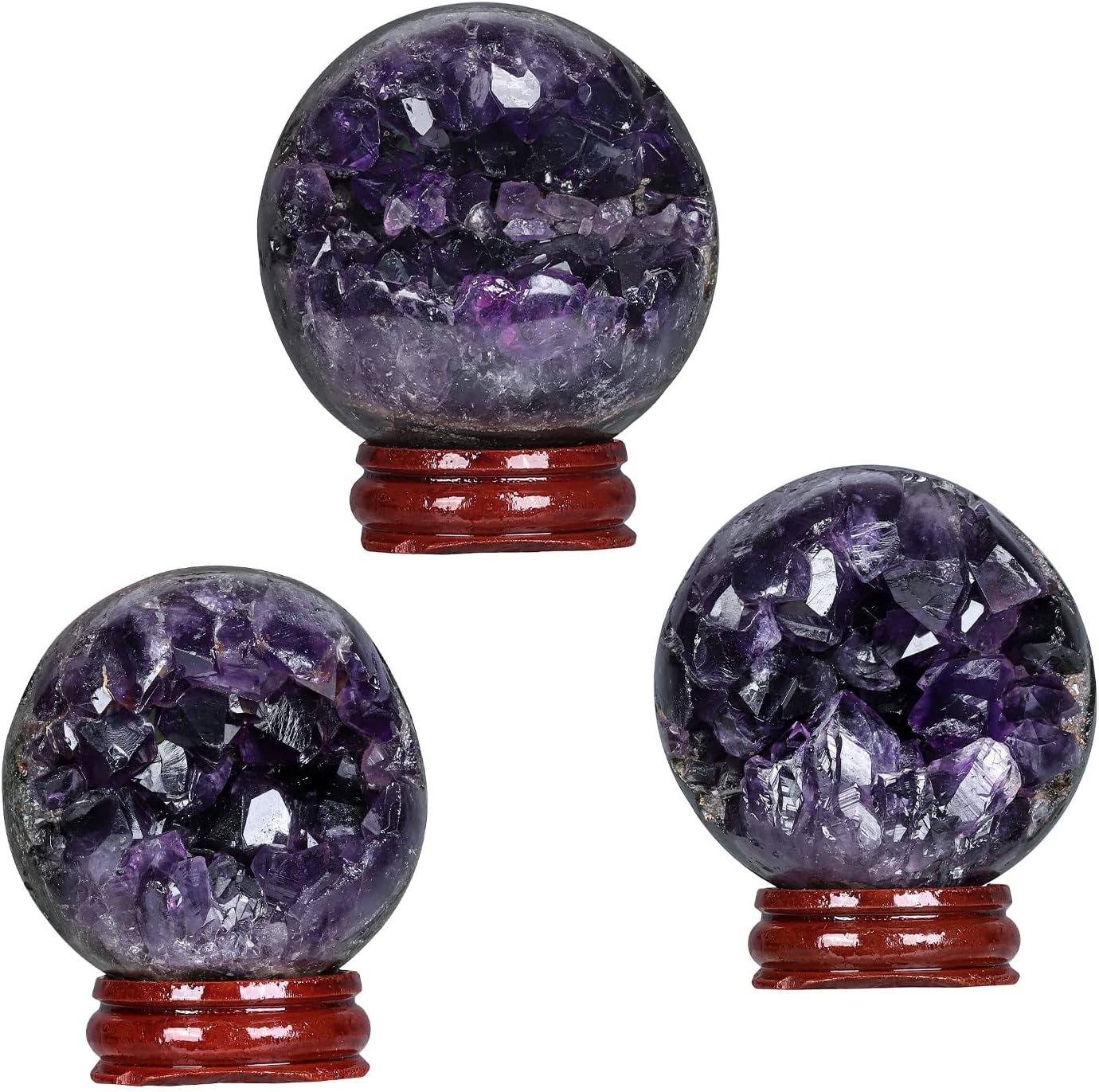 SUNYIK Natural Amethyst Crystal Ball with Wood Stand, Druzy Geode Sphere Ball Fengshui Divination for Easter, 2.00-2.36 Inches