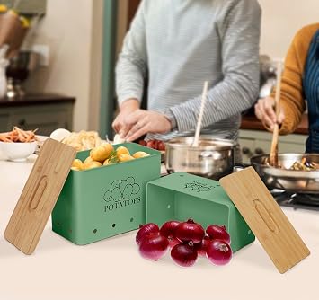 Potato Onion Storage Box, Food Container Sets, Storage Canisters for Vegeatables, Set of 2 Jars Pots Containers, Potato & Onion Bin with Aerating Tin Storage Holes & Wooden Lid-Green