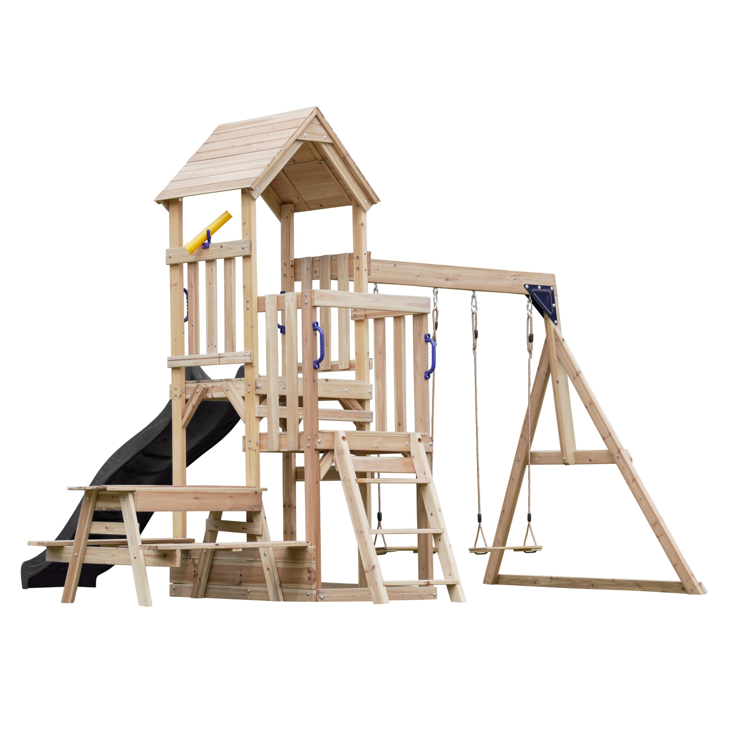 AXI Mette Aire De Jeux en Bois avec 2 Balançoires, Toboggan Gris, Table De Pique Nique/Aire De Jeux Extérieur avec Balançoires/Bac À Sable/Téléscope| Portique Balançoire/Jeux en Bois Extérieur