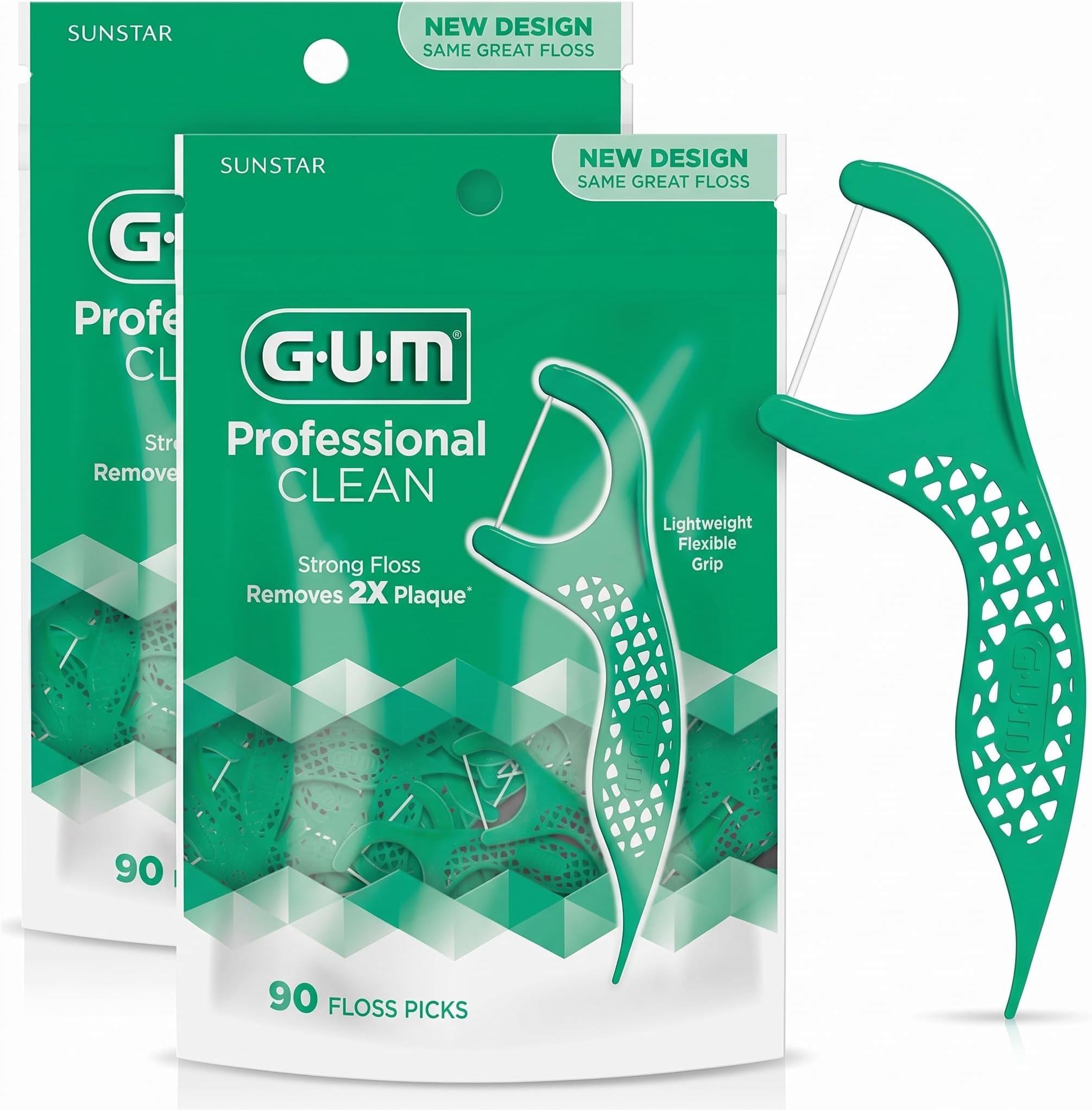 GUM Professional Clean Floss Picks - Extra Strong Shred-Resistant Floss, Easy Grip Handle - Dental Flossers for Adults - Fresh Mint Flavor, 90 Count (Pack of 2)