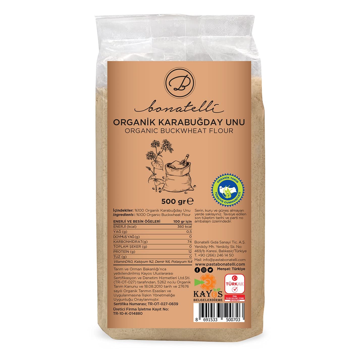 Tellioğlu Bonatelli Organik Karabuğday Unu 500 Gr
