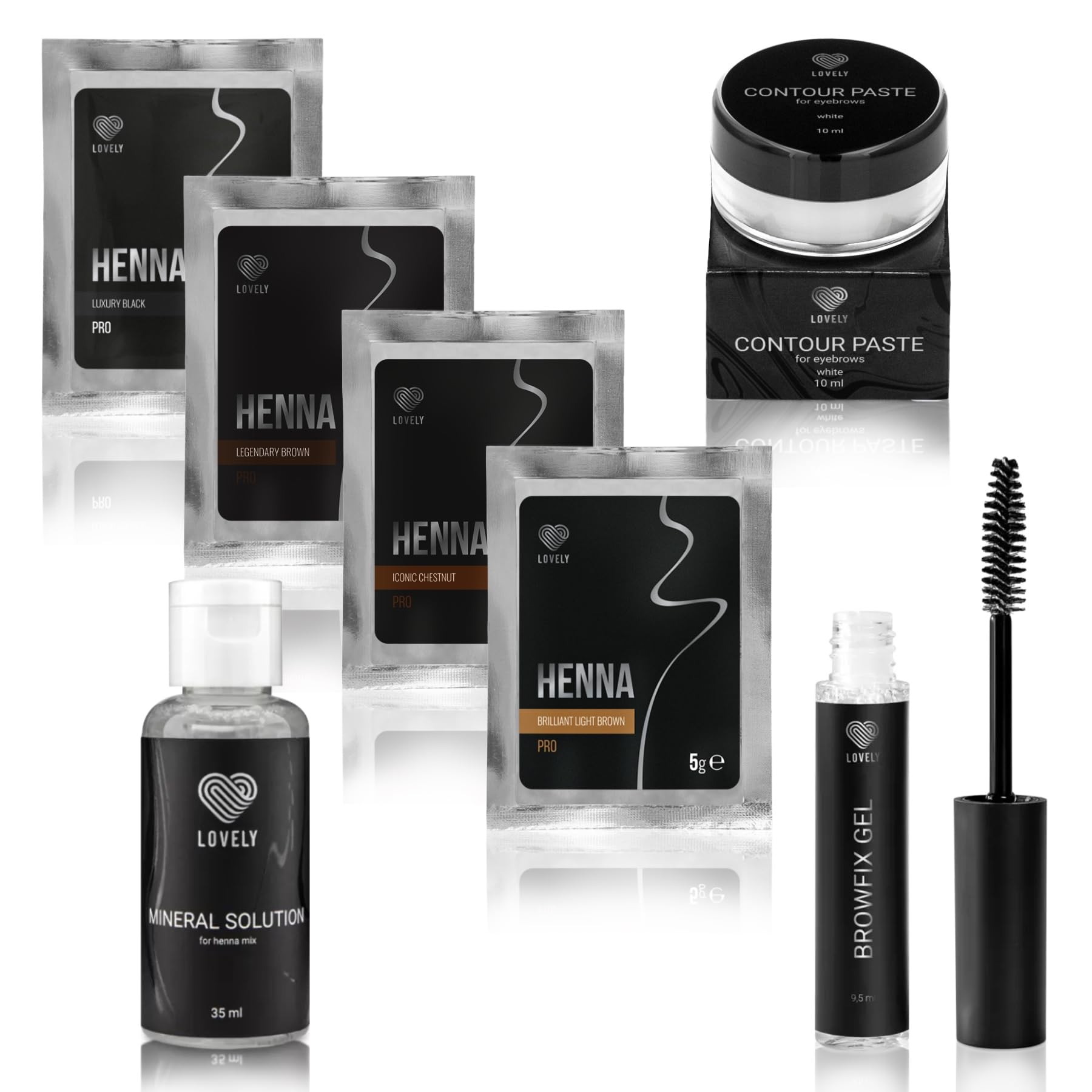 LOVELY Zestaw do brwi henny w 4 kolorach, w zestawie z mineralnymi roztworami kolorów, pastą konturową i żelem do brwi – dla zdefiniowanych, pełnych brwi i długotrwałego koloru brwi