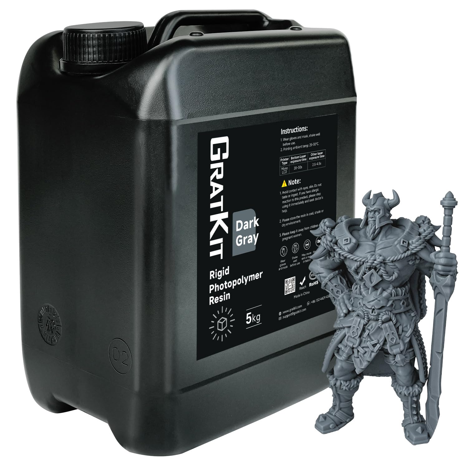 GratKit 8K Rigid Resin,405nm UV-Curing 3D Printer Resin,5000g,Dark Gray | High precision low odor photopolymer resin,low shrinkage 8K/10K 3D printing resin,low viscosity,easy to use,good fluidity