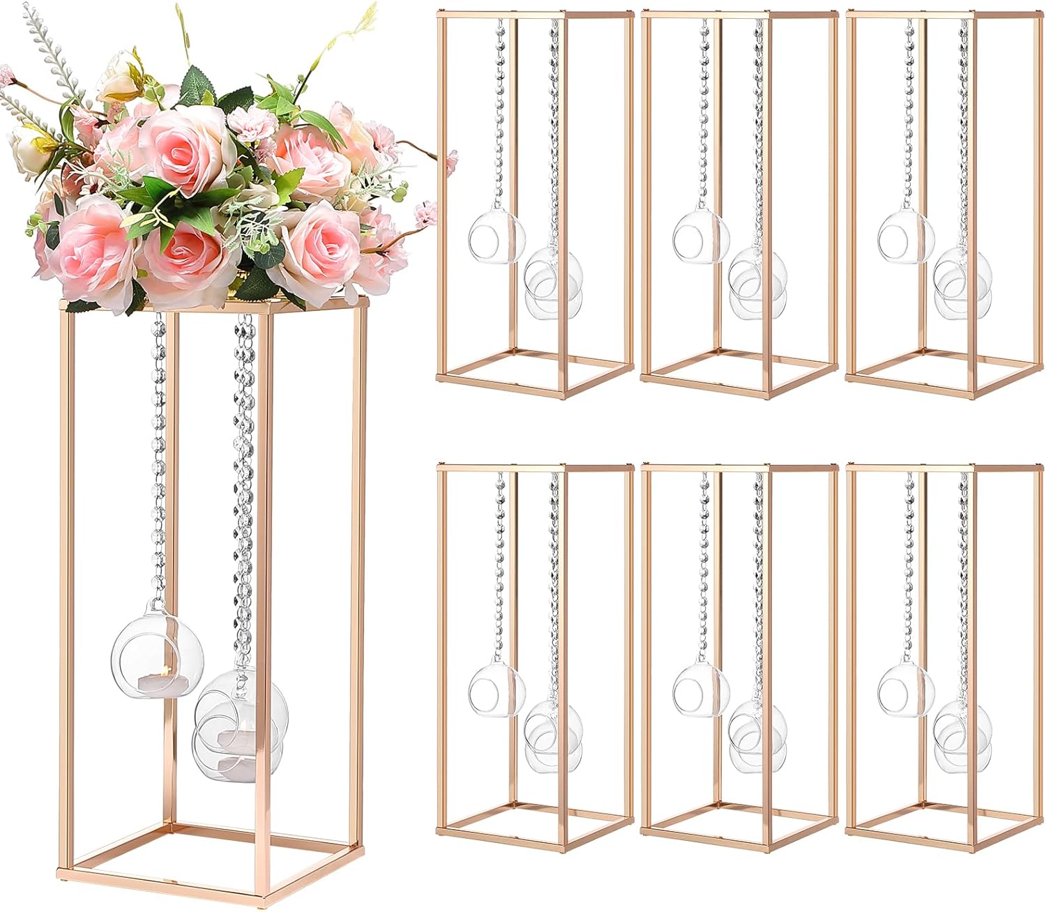 Yerliker 6 Sets 20'' Tall Metal Flower Vase Wedding Centerpieces Flowers Stand with Hanging Glass Tealight Globe Candle Holders, Crystal Garland Strands and Self Adhesive Hook(Light Gold)