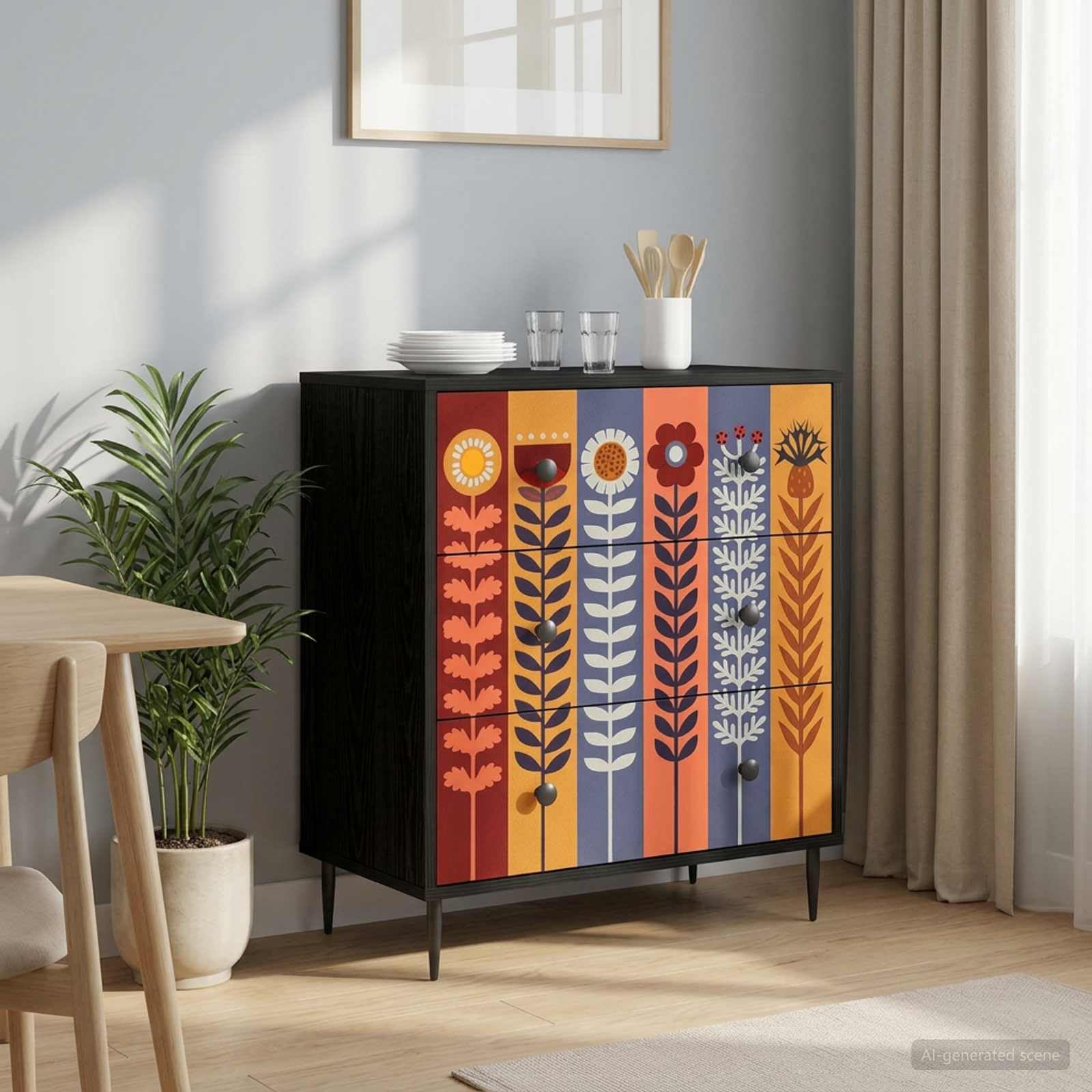 Comò per pranzo con motivo girasole, 66 x 36,5 x 76 cm, in legno, moderno, elegante e pratico, soluzione di archiviazione per camera da letto e soggiorno
