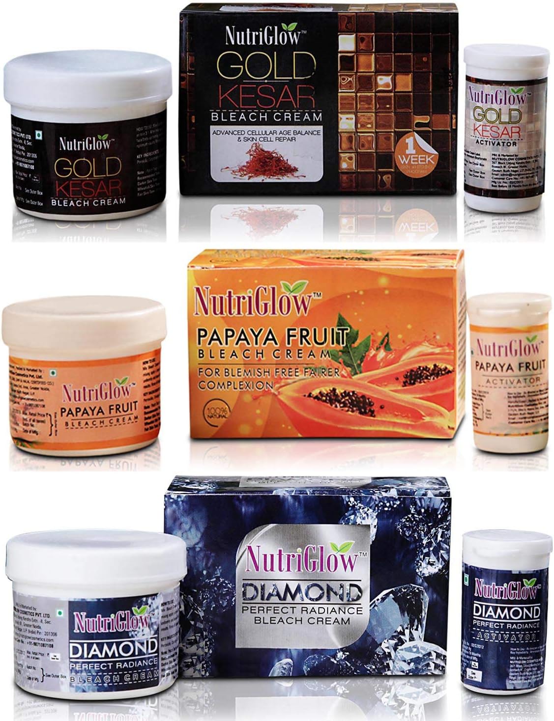 NUTRIGLOW Bleach Combo Pack of Gold Kesar, Papaya Fruit and Diamond Perfect Radiance Cream for Skin Lightening Anti-Pigmentation Tan Removal