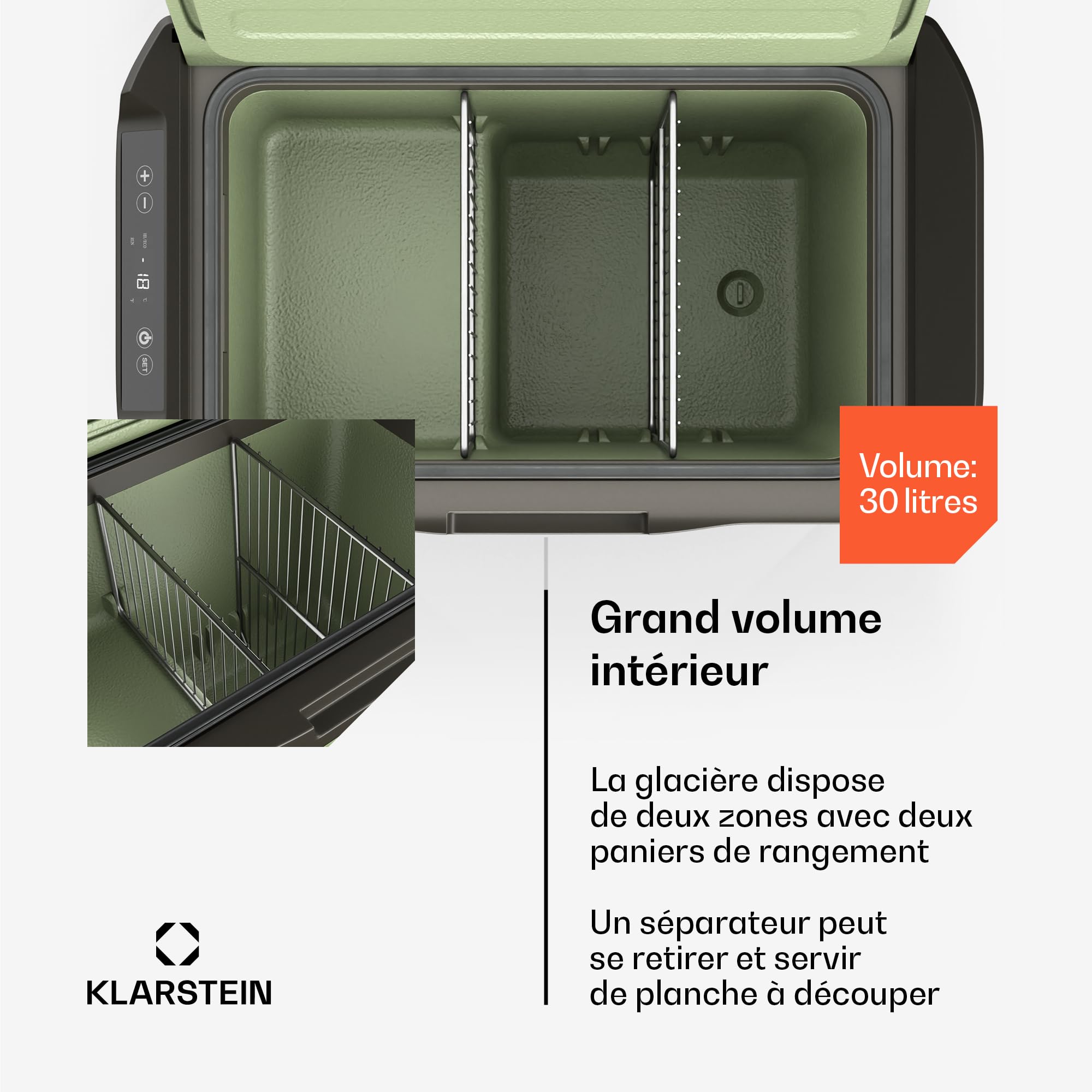 KLARSTEIN PolarForce 30L Glacière - Glacière électrique à Compression, LCD, -20°C à 20°C, Roues Tout-Terrain, poignées Doubles, Mode ECO, Protection Batterie, Vert, congélateur