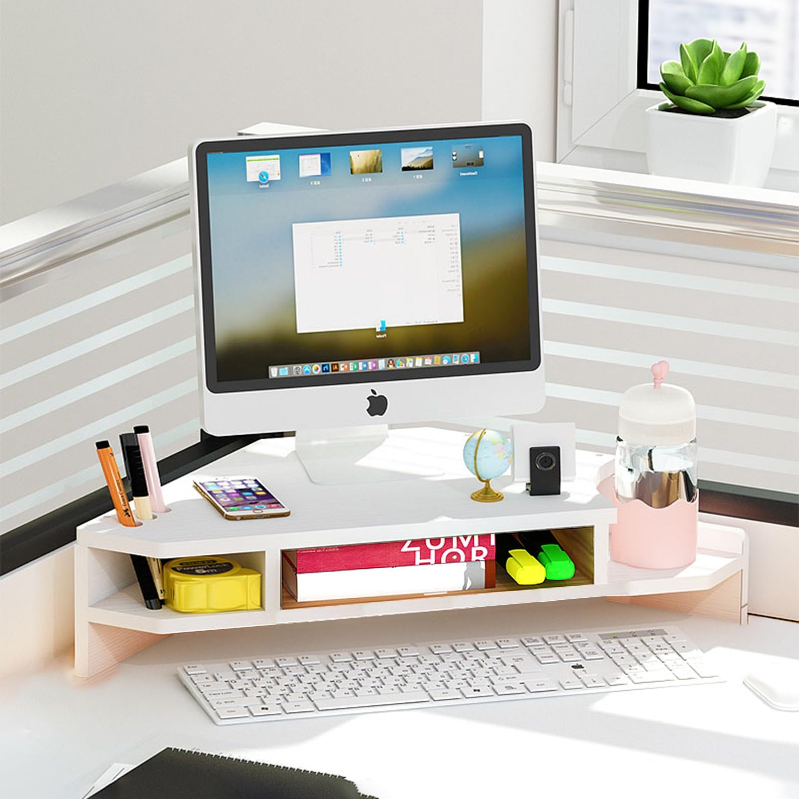 Soporte de Esquina para Monitor Elevador de Monitor de Esquina de Escritorio con Almacenamiento, Soporte de Pantalla Triangular de 2 Niveles con Ranura para Bolígrafo y Portavasos. Organizador de Sumi