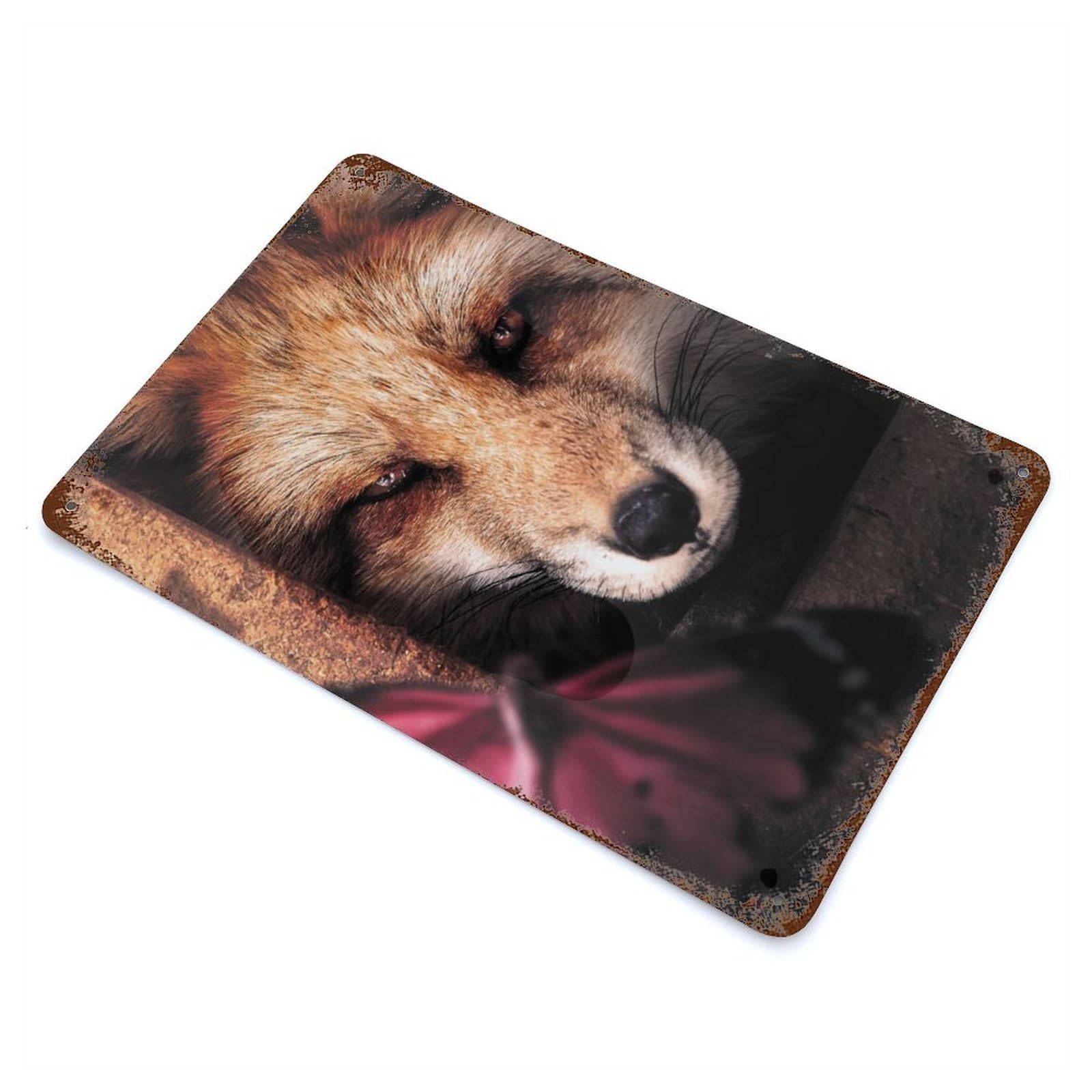 Hiding Fox And Butterfly Aged Metal Wall Plaque 11.8"x7.9", Farmhouse Wall Decor for Office, Studio And Wall Decor