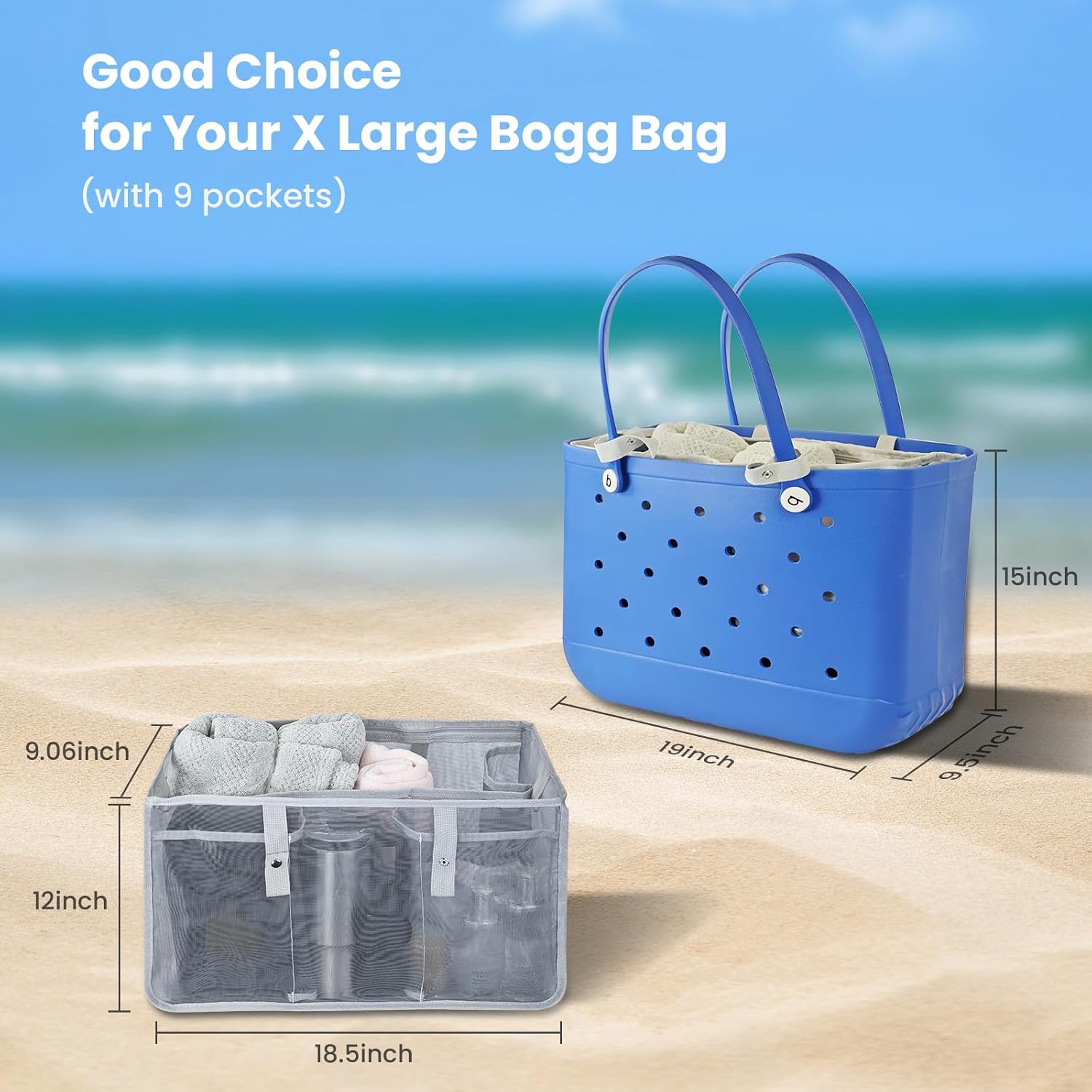Beach Bag Organizer Compatible with X Large Bogg Bag Accessories Inserts, Lightweight Mesh Insert Divider Pouch for Original XL Bogg Bags with 2PS Key Holders, Beach Tote Bags Insert for Organizing